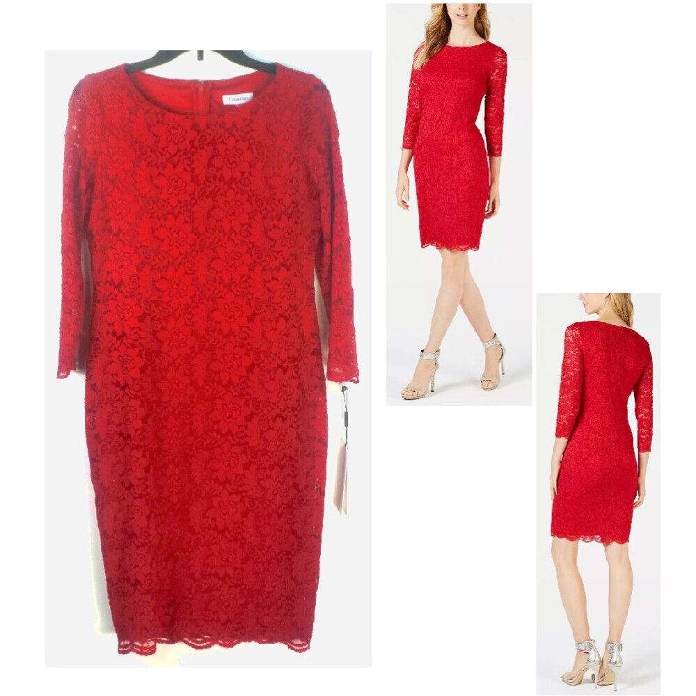 New with tags Calvin Klein Red Sheath Dress 3/4 Sleeve Crew Neck